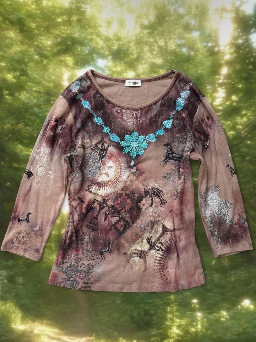 Vintage Y2K Cactus Western Folk Horse Print Brown Boho Shirt Fairy Grunge